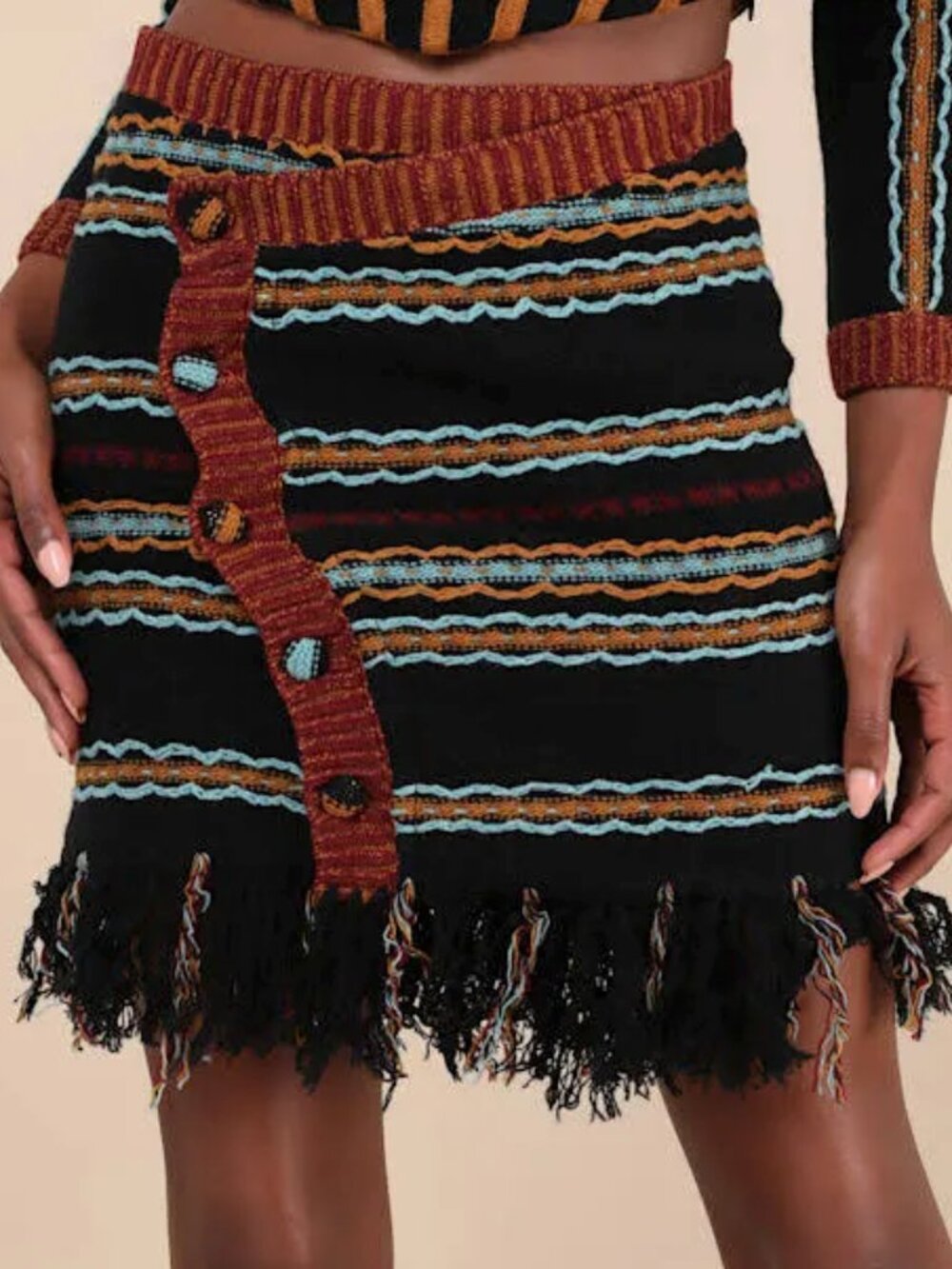 NWT MUTMA Shada Knitted Fringe Mini Skirt Black Multi Size S $398